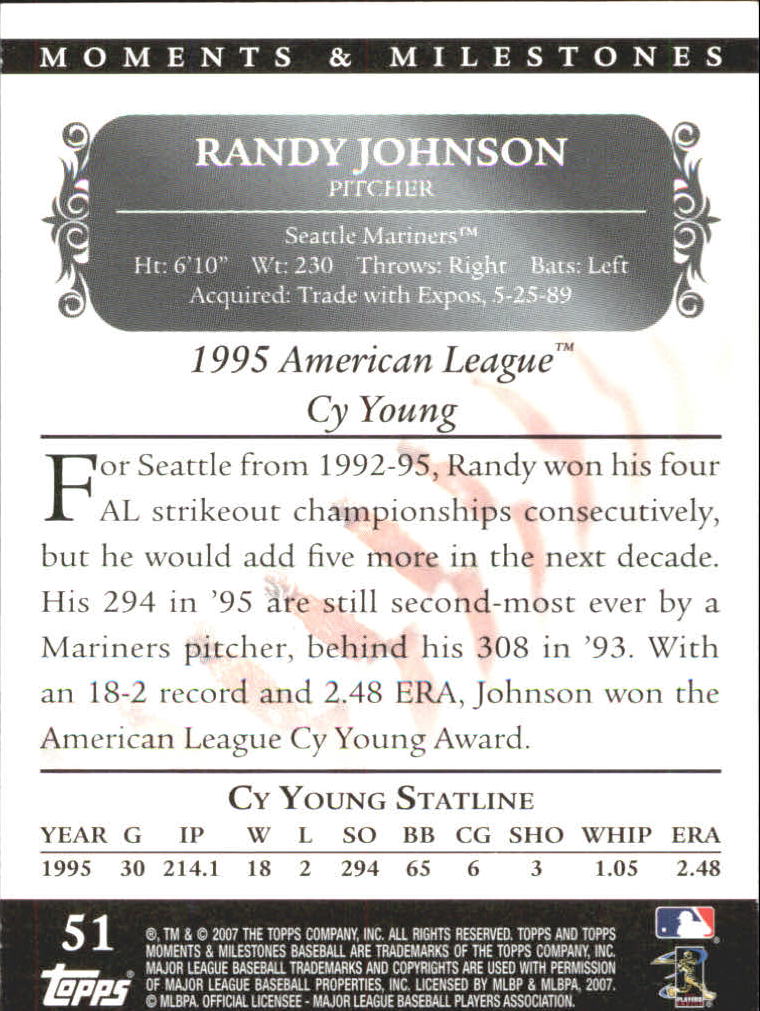 2007 Topps Moments and Milestones Black #51-224 Randy Johnson/SO 224 back image