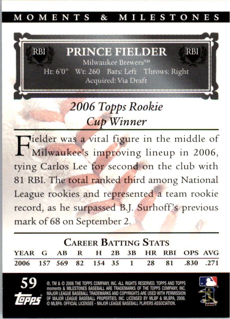 2007 Topps Moments and Milestones Black #59-48 Prince Fielder/RBI 48 back image