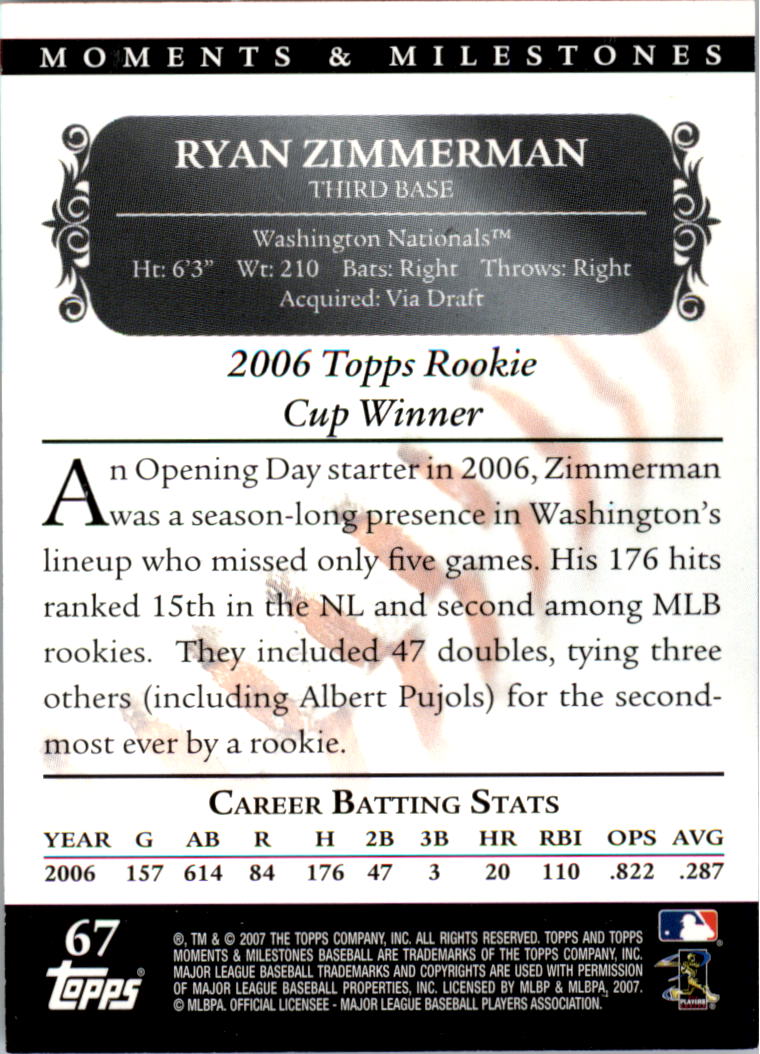 2007 Topps Moments and Milestones Black #67-96 Ryan Zimmerman/Hits 96 back image