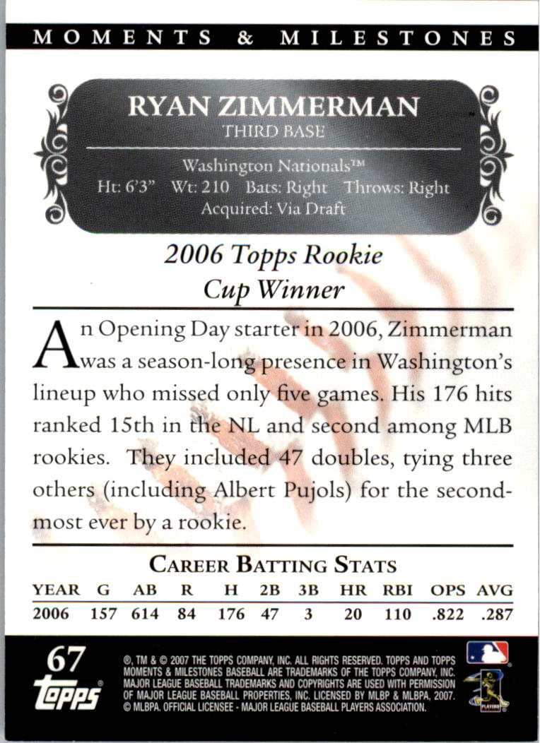 2007 Topps Moments and Milestones Black #67-157 Ryan Zimmerman/Hits 157 back image