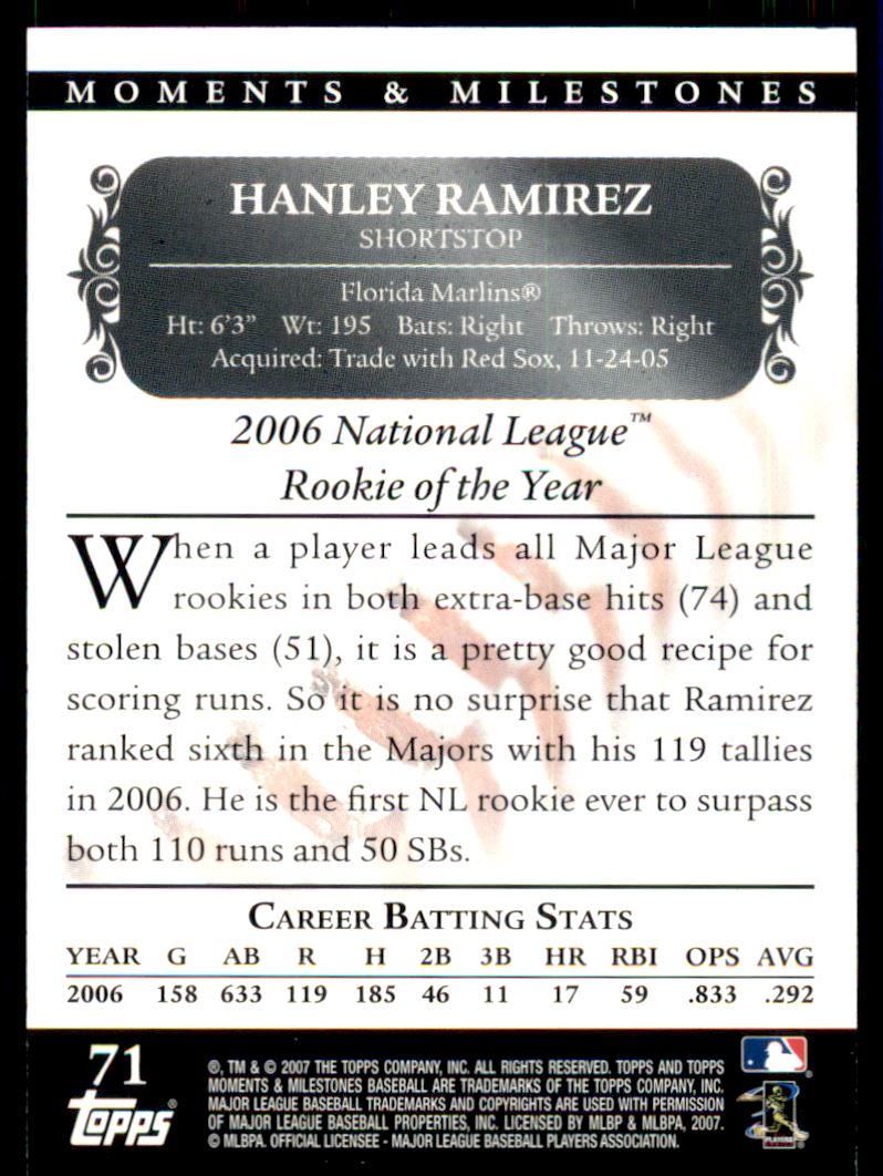 2007 Topps Moments and Milestones Black #71-61 Hanley Ramirez/Runs 61 back image
