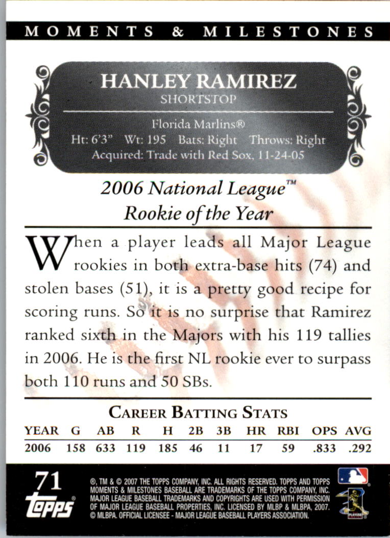 2007 Topps Moments and Milestones Black #71-67 Hanley Ramirez/Runs 67 back image