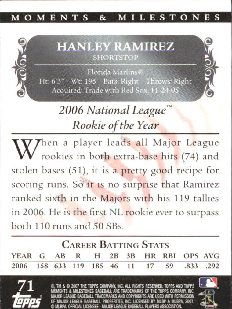 2007 Topps Moments and Milestones Black #71-111 Hanley Ramirez/Runs 111 back image