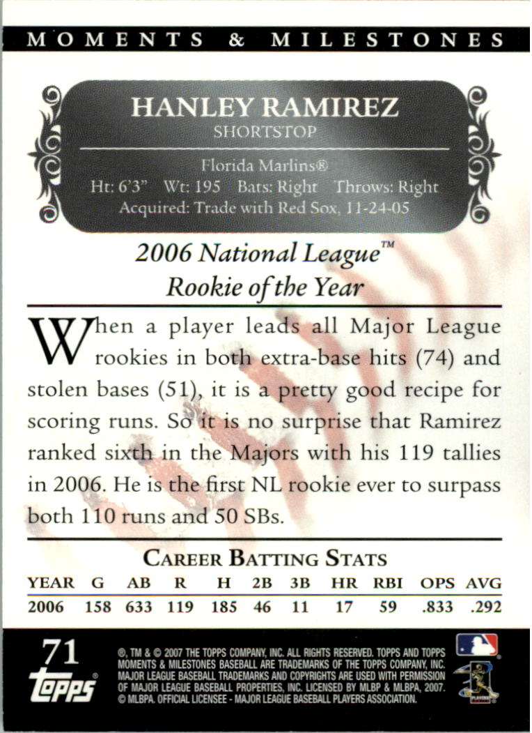 2007 Topps Moments and Milestones Black #71-115 Hanley Ramirez/Runs 115 back image