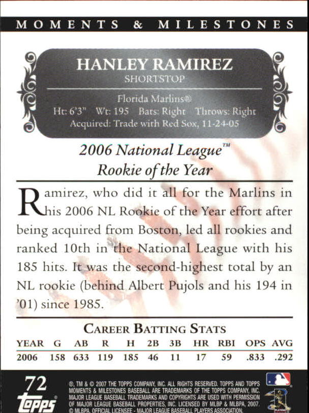 2007 Topps Moments and Milestones Black #72-60 Hanley Ramirez/Hits 60 back image