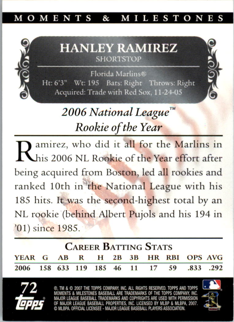 2007 Topps Moments and Milestones Black #72-71 Hanley Ramirez/Hits 71 back image
