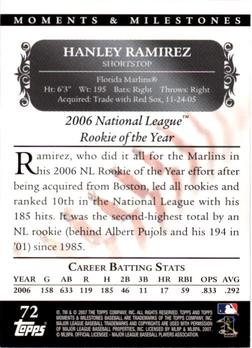 2007 Topps Moments and Milestones Black #72-110 Hanley Ramirez/Hits 110 back image
