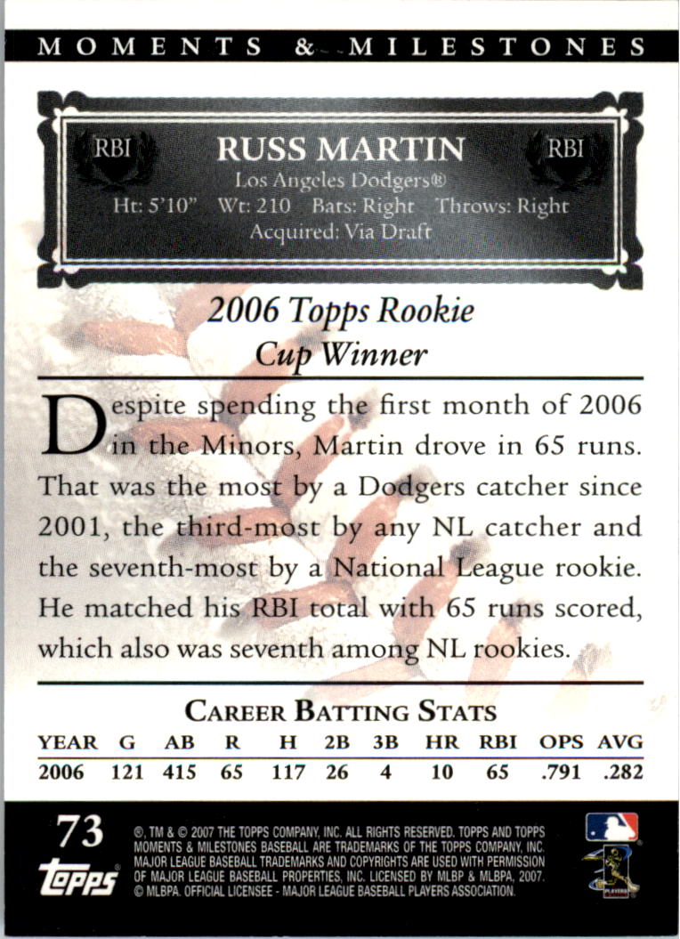 2007 Topps Moments and Milestones Black #73-8 Russ Martin/RBI 8 back image