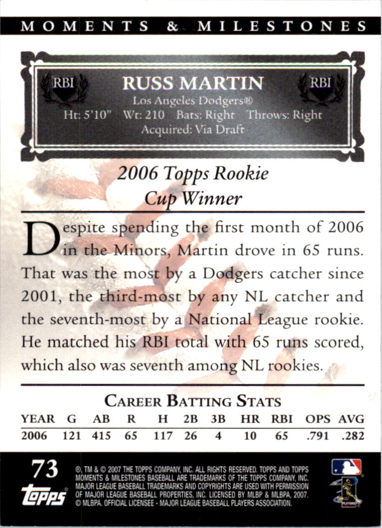 2007 Topps Moments and Milestones Black #73-21 Russ Martin/RBI 21 back image