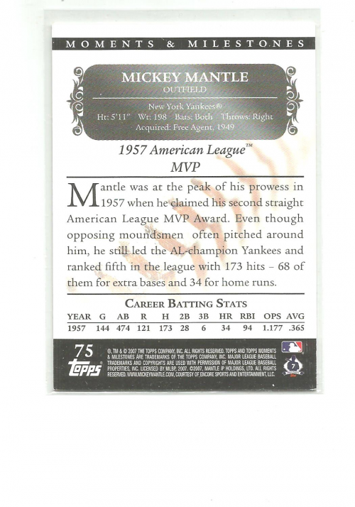 2007 Topps Moments and Milestones Black #75-80 Mickey Mantle/Hits 80 back image
