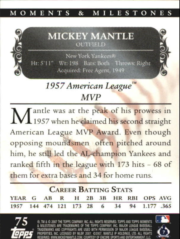 2007 Topps Moments and Milestones Black #75-91 Mickey Mantle/Hits 91 back image