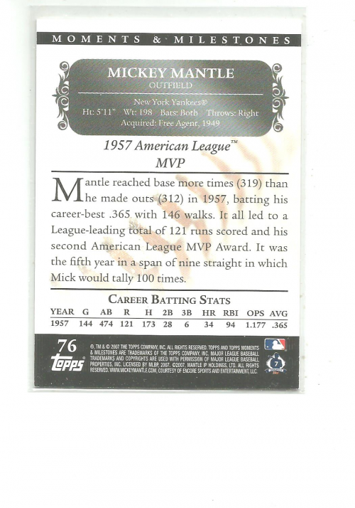 2007 Topps Moments and Milestones Black #76-66 Mickey Mantle/Runs 66 back image