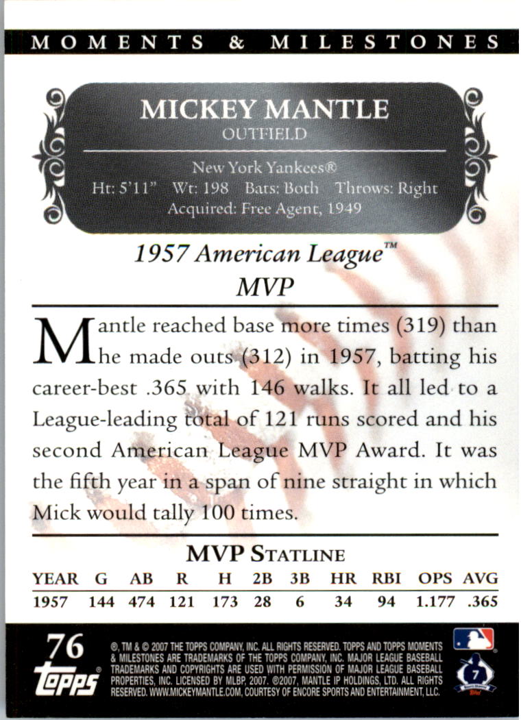 2007 Topps Moments and Milestones Black #76-103 Mickey Mantle/Runs 103 back image
