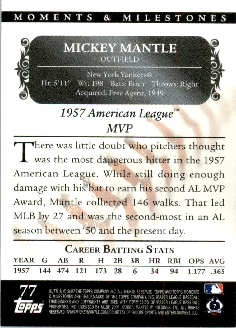2007 Topps Moments and Milestones Black #77-7 Mickey Mantle/MVP 7 back image