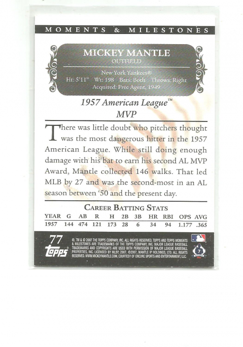 2007 Topps Moments and Milestones Black #77-29 Mickey Mantle/MVP 29 back image