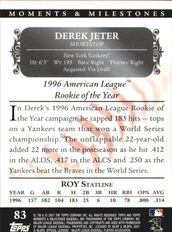 2007 Topps Moments and Milestones Black #83-147 Derek Jeter/Hits 147 back image