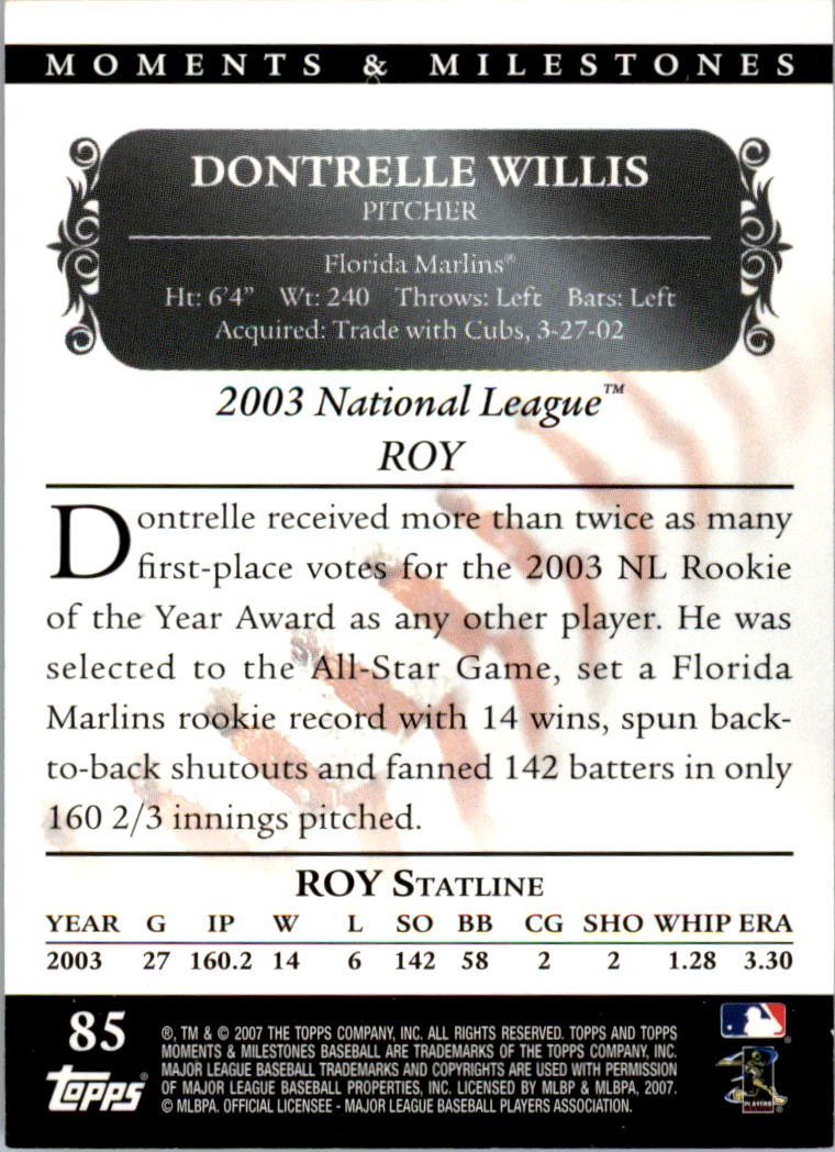 2007 Topps Moments and Milestones Black #85-9 Dontrelle Willis/SO 9 back image