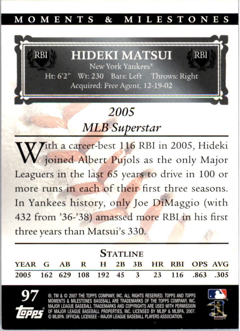 2007 Topps Moments and Milestones Black #97-29 Hideki Matsui/RBI 29 back image