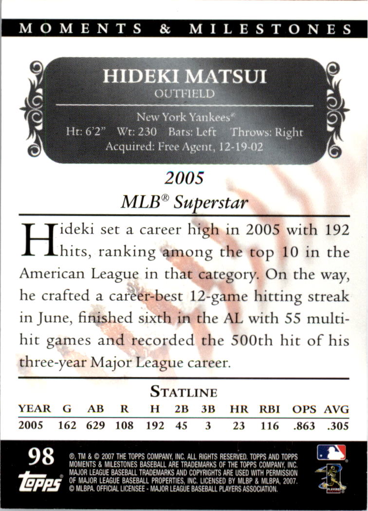 2007 Topps Moments and Milestones Black #98-120 Hideki Matsui/Hits 120 back image