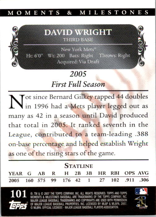 2007 Topps Moments and Milestones Black #101-28 David Wright/2B 28 back image