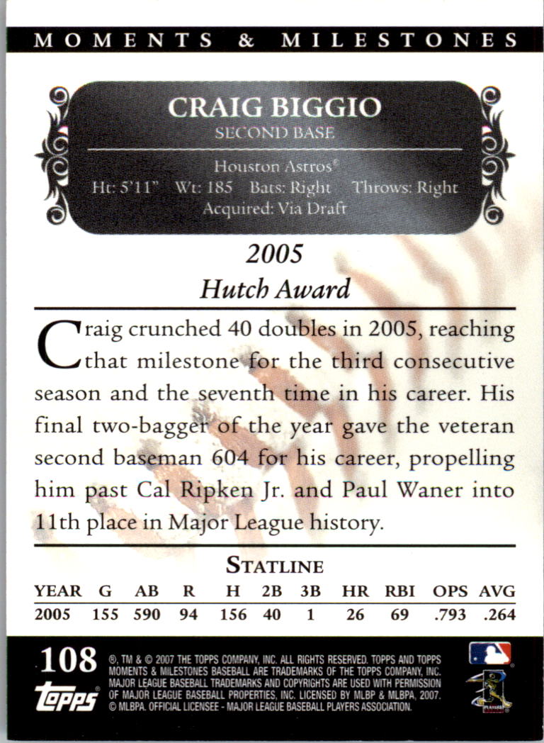 2007 Topps Moments and Milestones Black #108-20 Craig Biggio/2B 20 back image