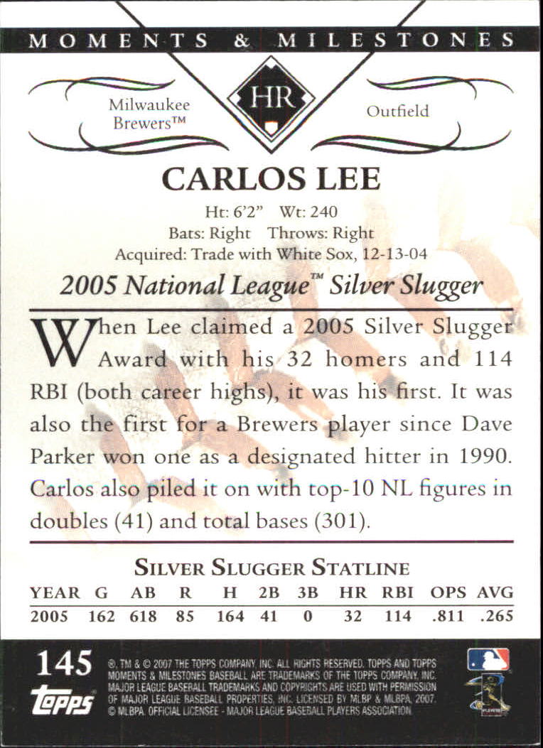 2007 Topps Moments and Milestones Black #145-24 Carlos Lee/HR 24