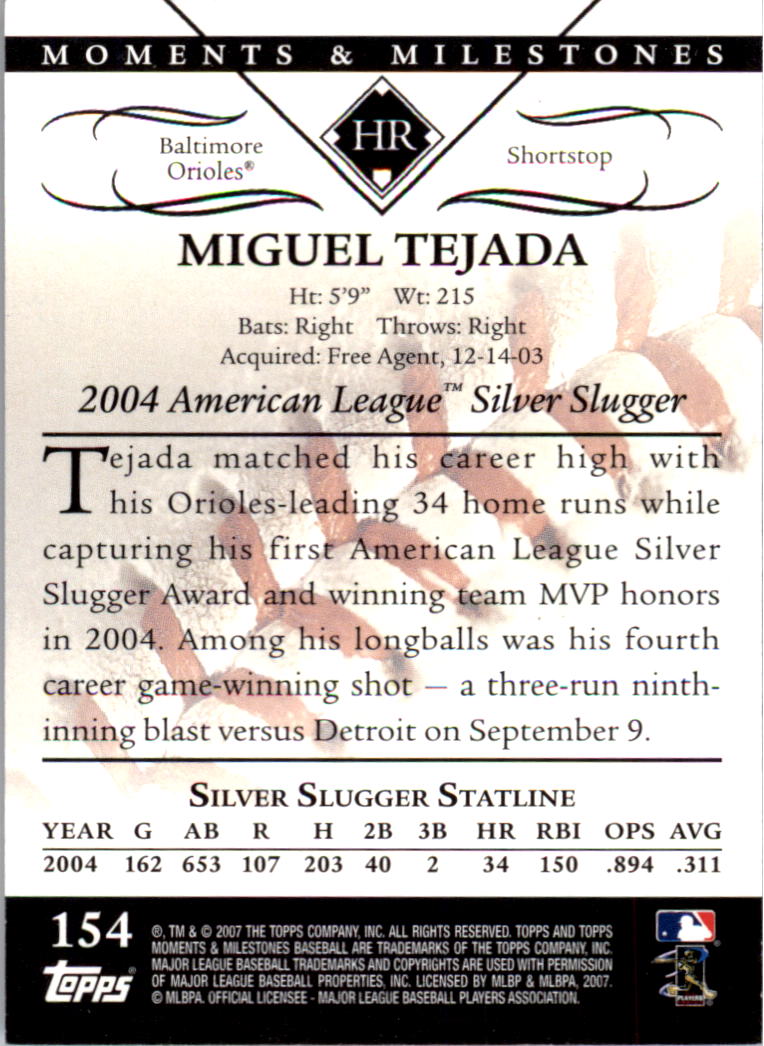 2007 Topps Moments and Milestones Black #154-7 Miguel Tejada/HR 7 back image
