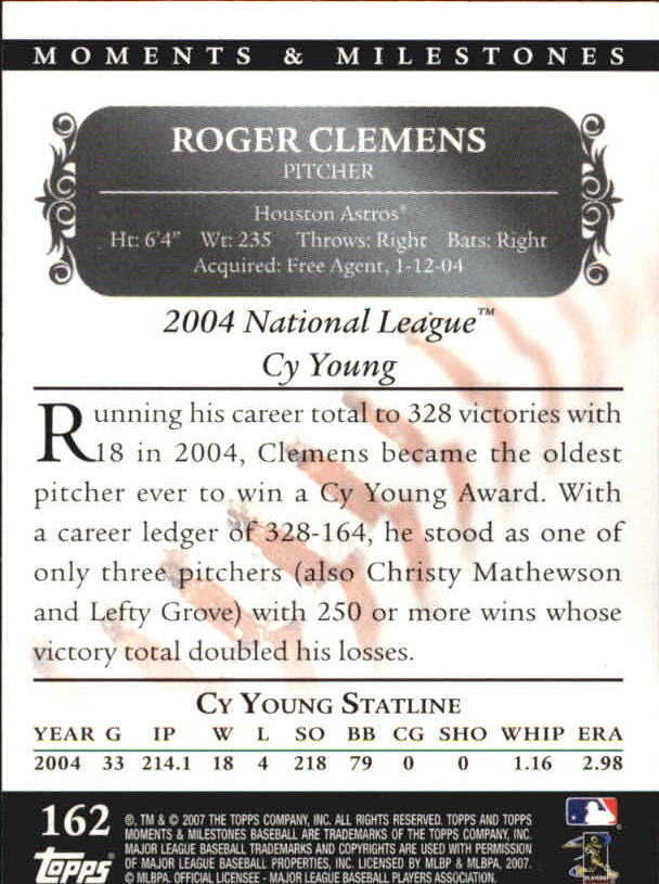 2007 Topps Moments and Milestones Black #162-58 Roger Clemens/SO 58 back image