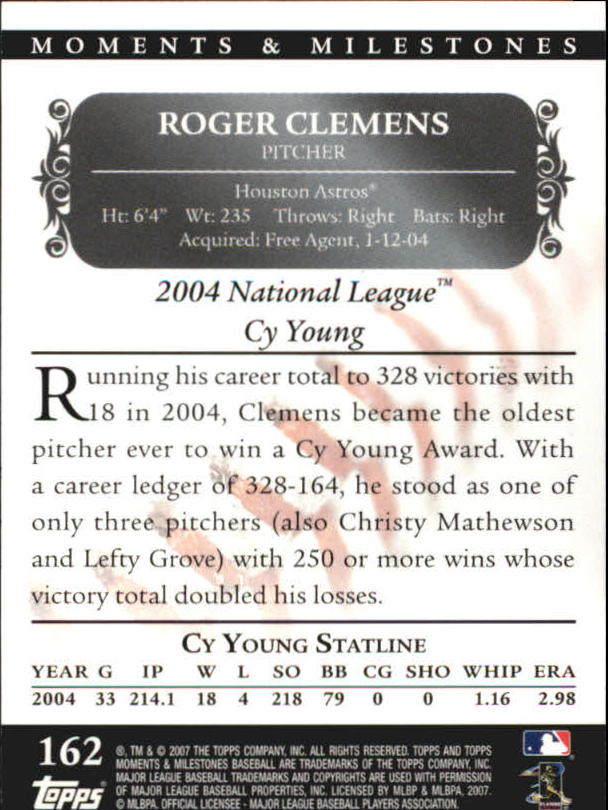 2007 Topps Moments and Milestones Black #162-108 Roger Clemens/SO 108 back image