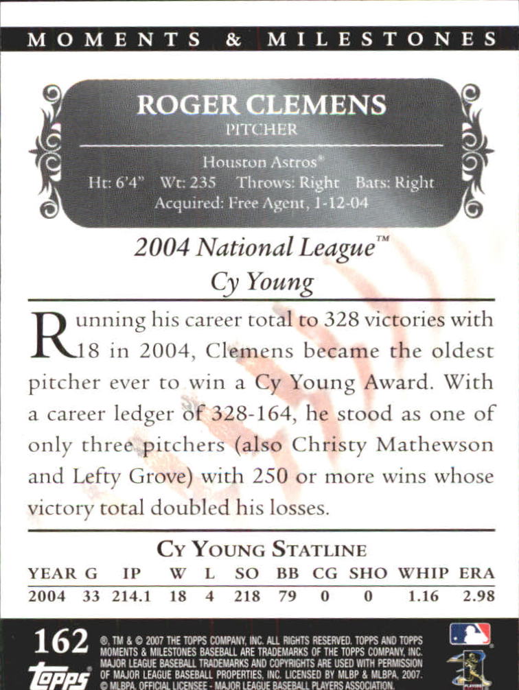 2007 Topps Moments and Milestones Black #162-109 Roger Clemens/SO 109 back image