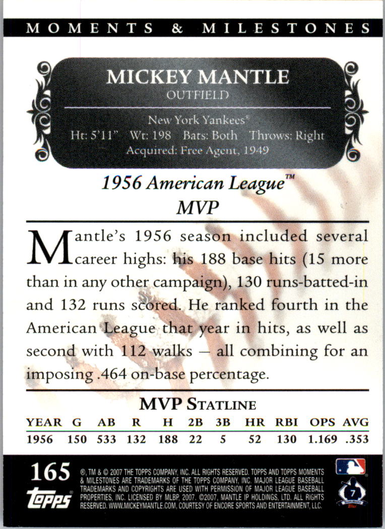 2007 Topps Moments and Milestones Black #165-10 Mickey Mantle/Hits 10 back image