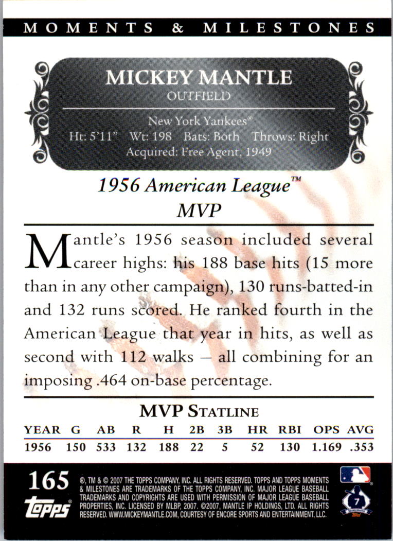 2007 Topps Moments and Milestones Black #165-71 Mickey Mantle/Hits 71 back image