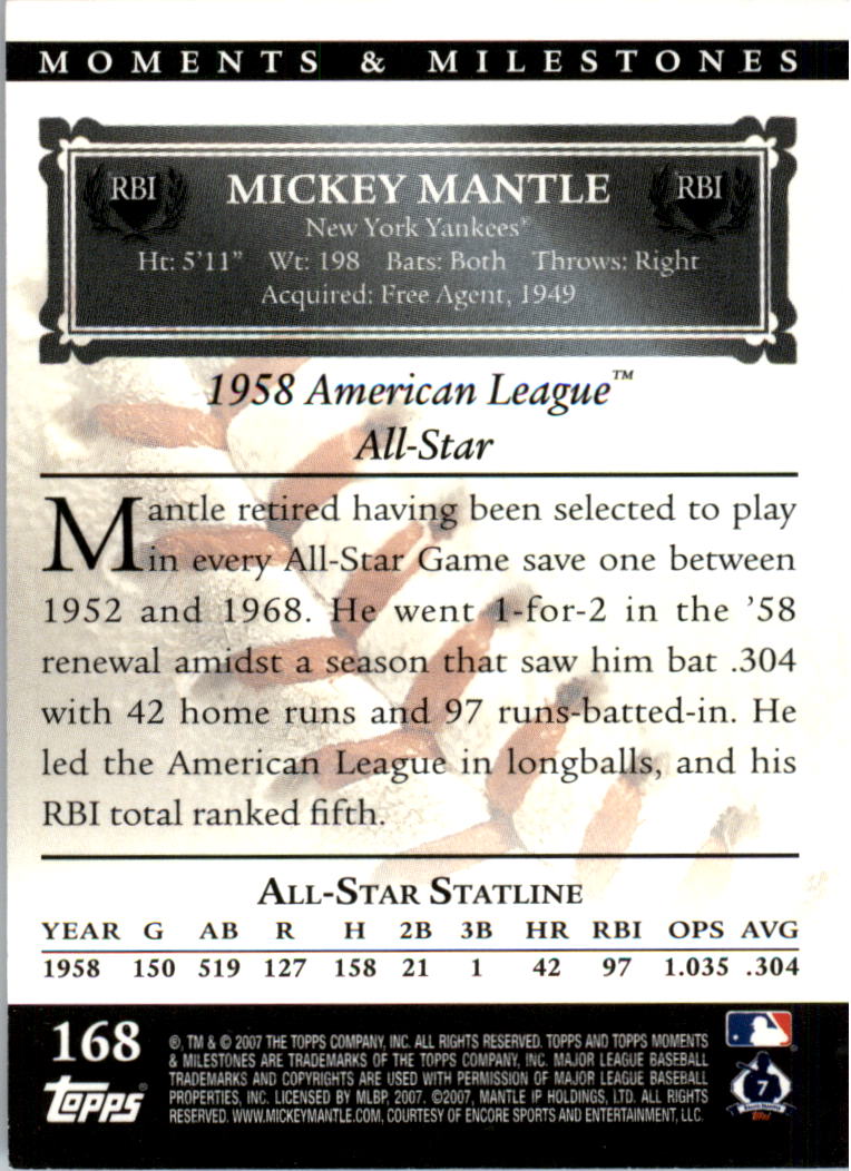 2007 Topps Moments and Milestones Black #168-22 Mickey Mantle/RBI 22 back image