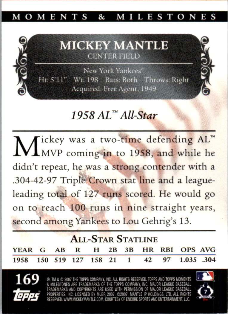 2007 Topps Moments and Milestones Black #169-19 Mickey Mantle/R 19 back image