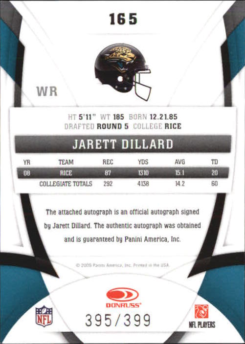 2009 Certified #165 Jarett Dillard AU/399 RC back image