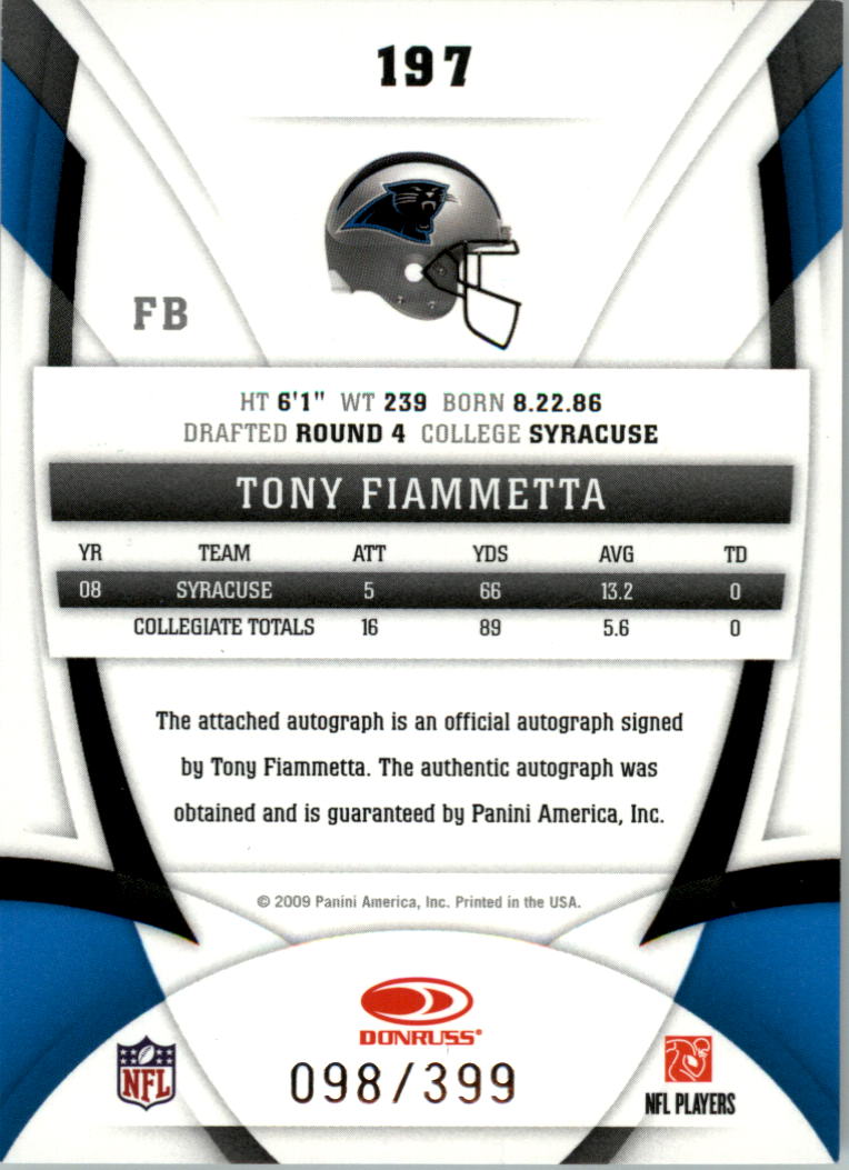 2009 Certified #197 Tony Fiammetta AU/399 RC back image