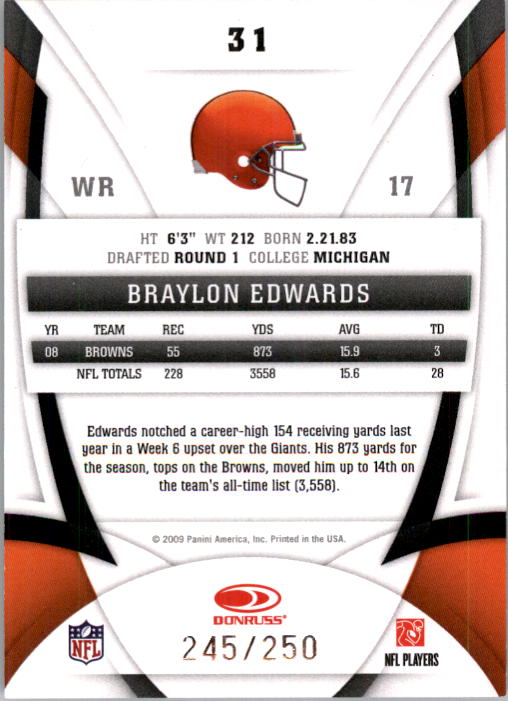 2009 Certified Mirror Red #31 Braylon Edwards back image
