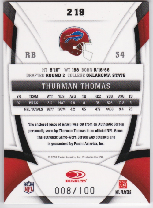 2009 Certified Mirror Red Materials #219 Thurman Thomas back image