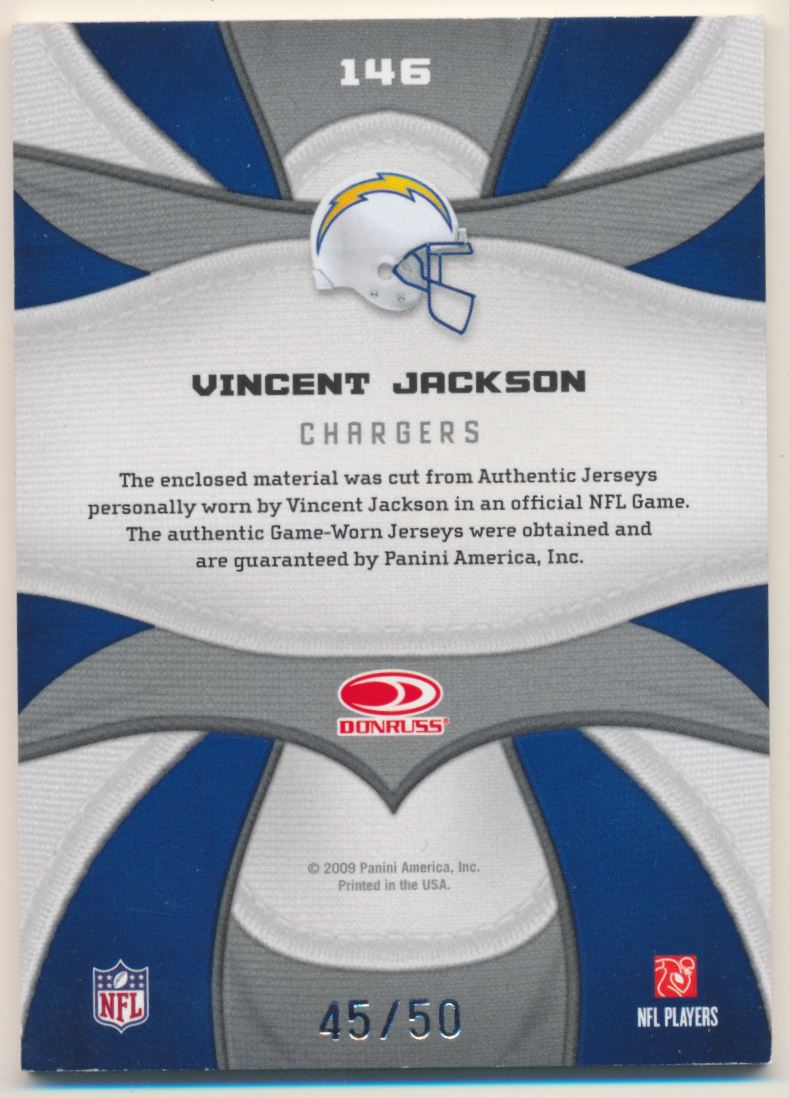 2009 Certified Fabric of the Game Prime #146 Vincent Jackson/50 back image