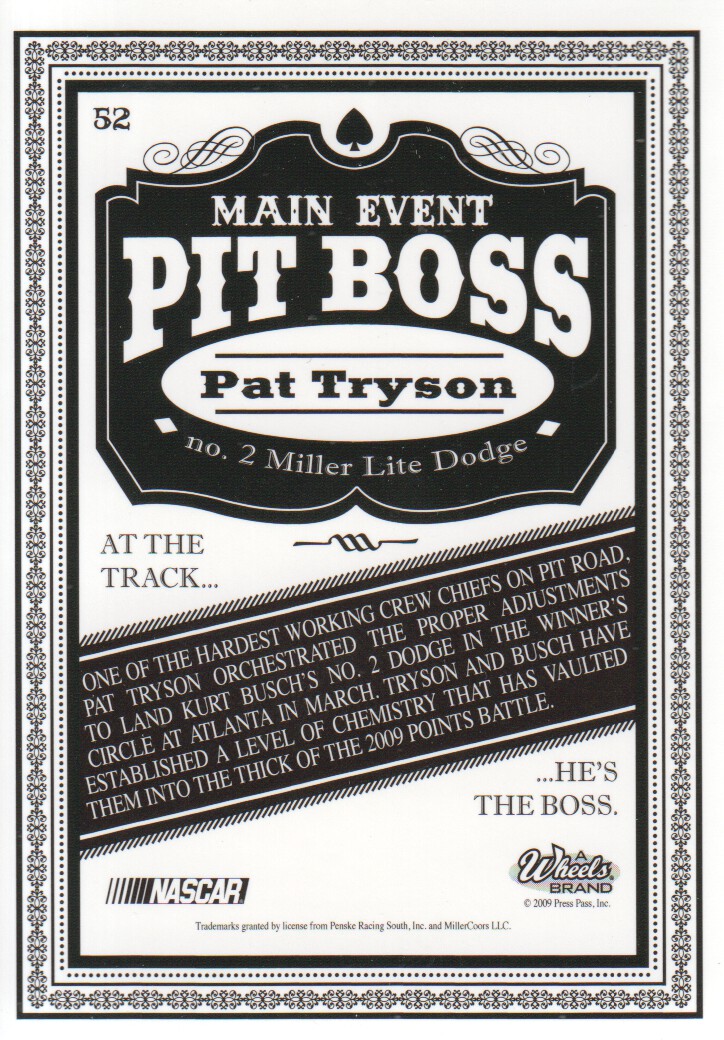 2009 Wheels Main Event #52 Pat Tryson RC/Kurt Busch PB back image