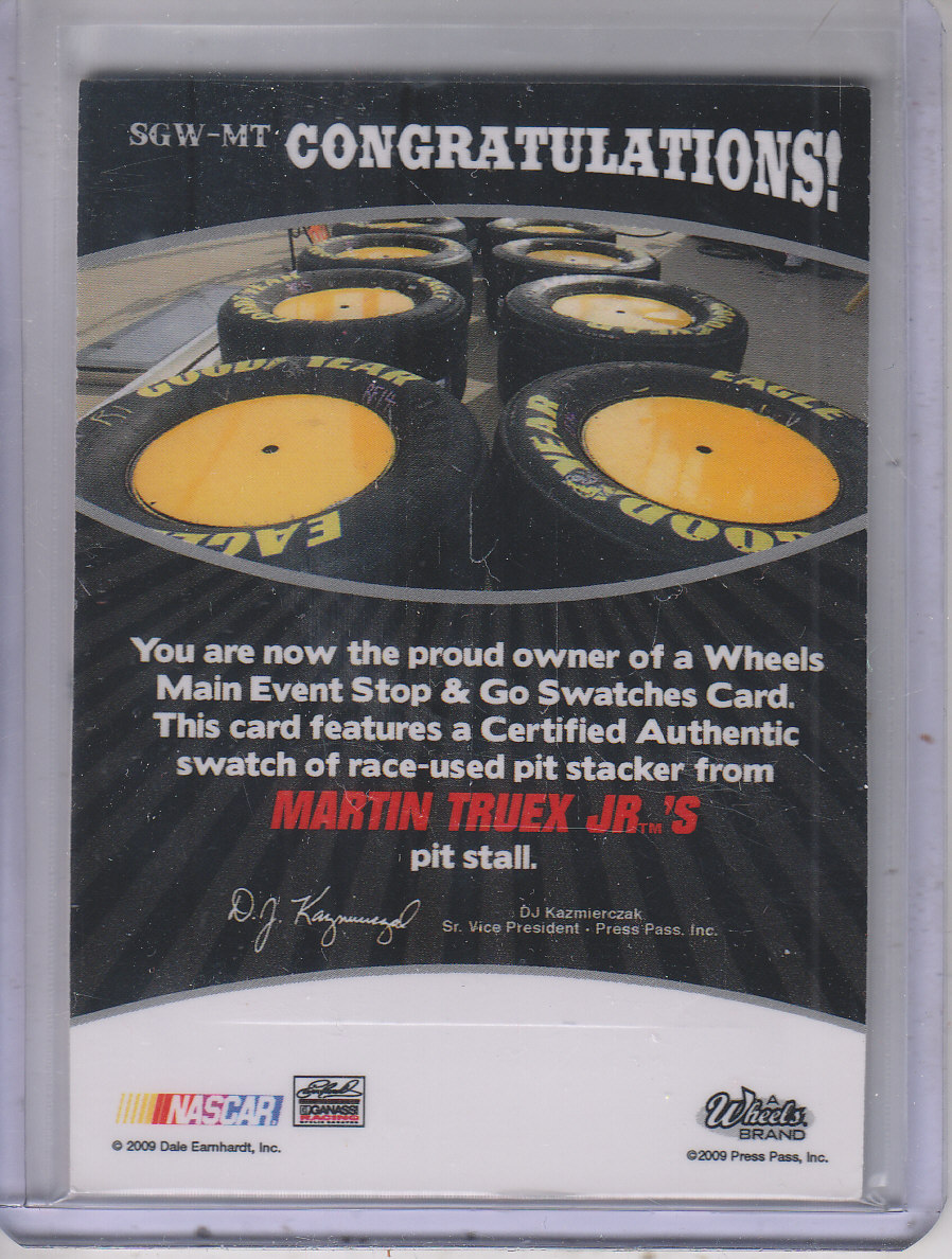 2009 Wheels Main Event Stop and Go Swatches Pit Stackers Red #SGWMT Martin Truex Jr. back image