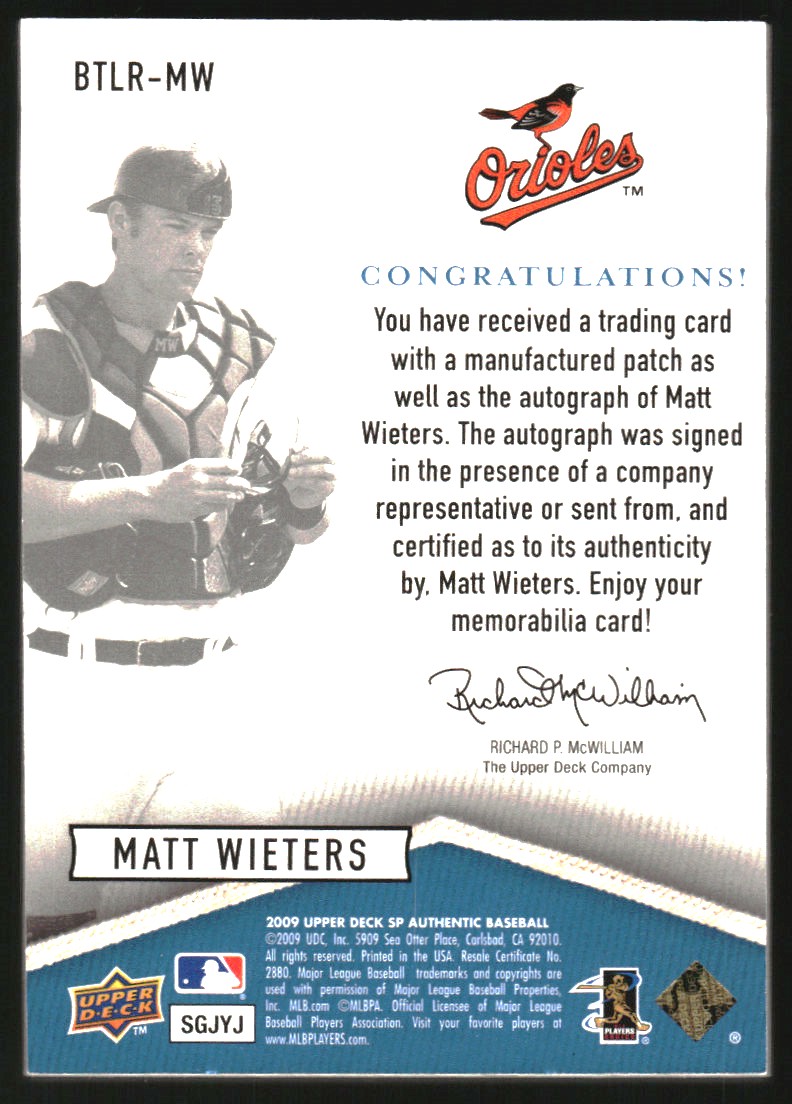 2009 SP Authentic By The Letter Rookie Signatures #MW Matt Wieters/165 */Letters spell Matt Wieters/(each letter #'d/15) back image