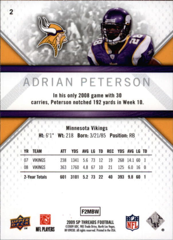 2009 SP Threads #2 Adrian Peterson back image