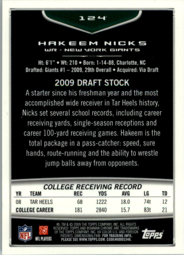 2009 Bowman Chrome #124 Hakeem Nicks RC back image