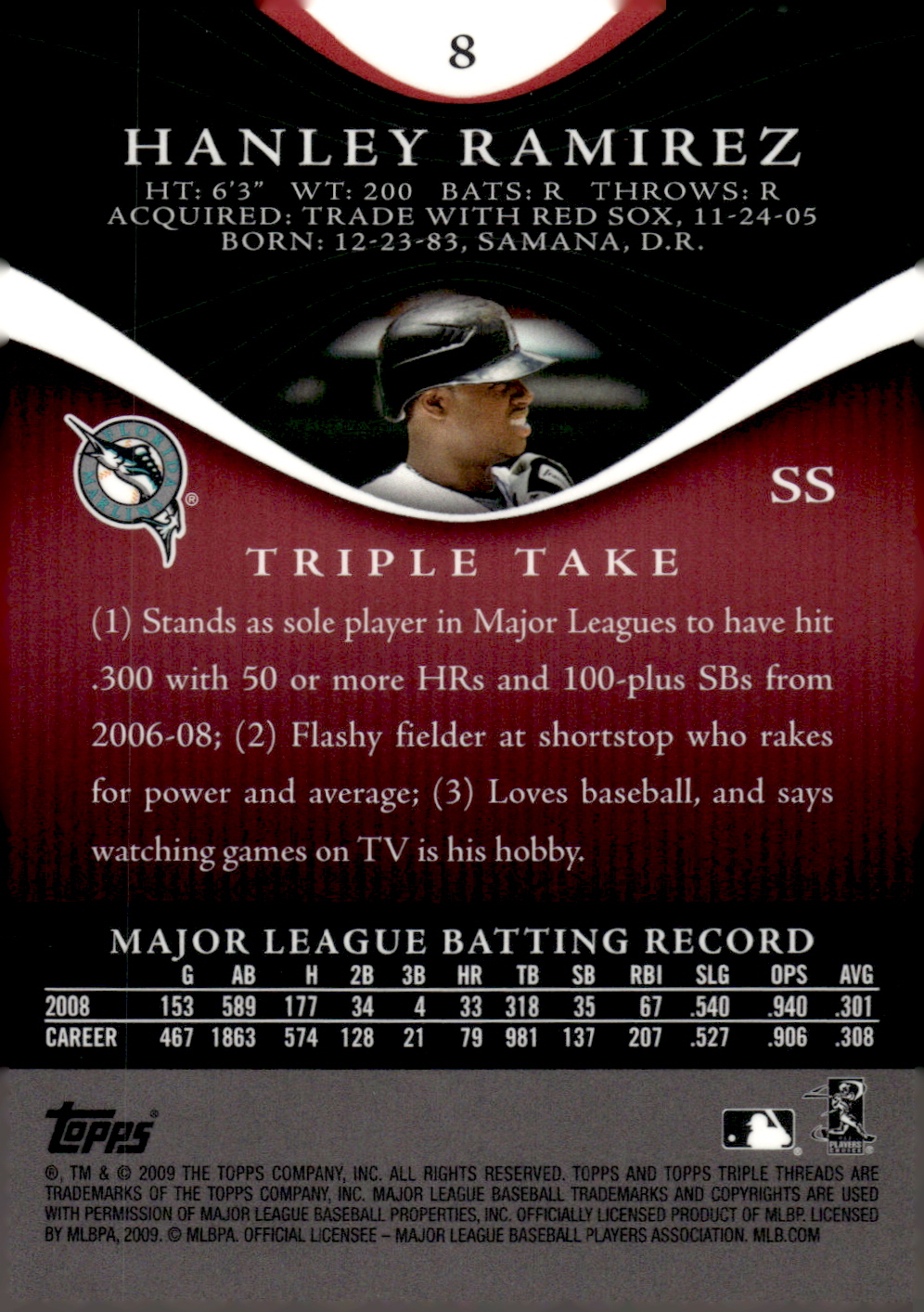 2009 Topps Triple Threads #8 Hanley Ramirez back image