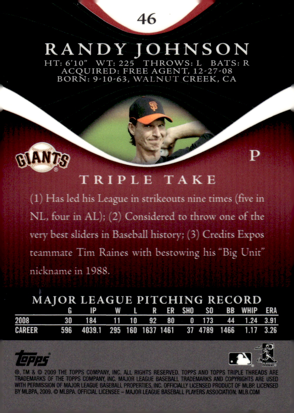 2009 Topps Triple Threads #46 Randy Johnson back image