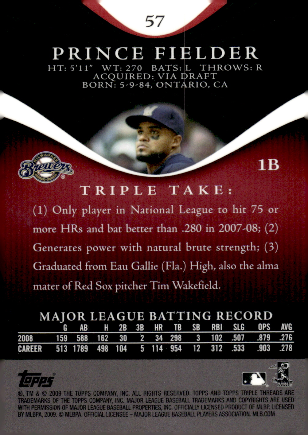 2009 Topps Triple Threads #57 Prince Fielder back image