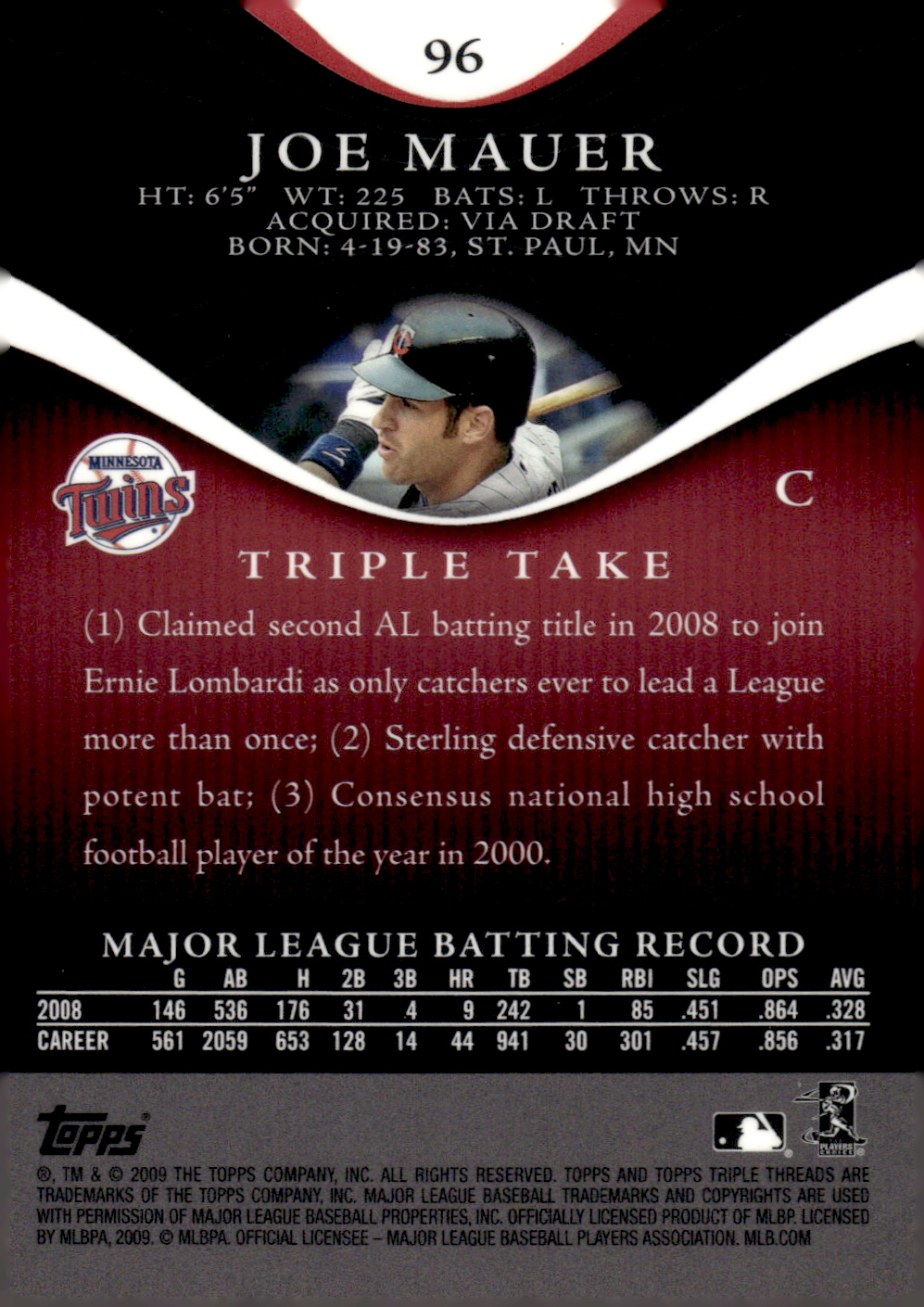 2009 Topps Triple Threads #96 Joe Mauer back image