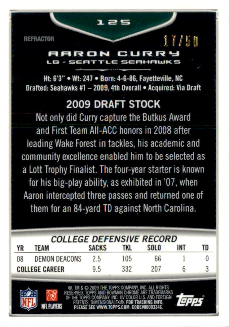 2009 Bowman Chrome Gold Refractors #125 Aaron Curry back image