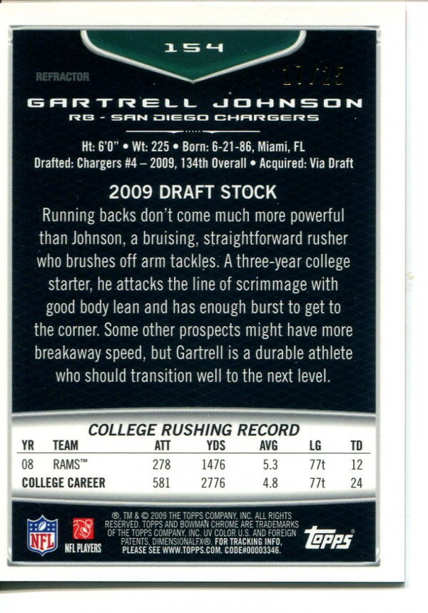 2009 Bowman Chrome Orange Refractors #154 Gartrell Johnson back image